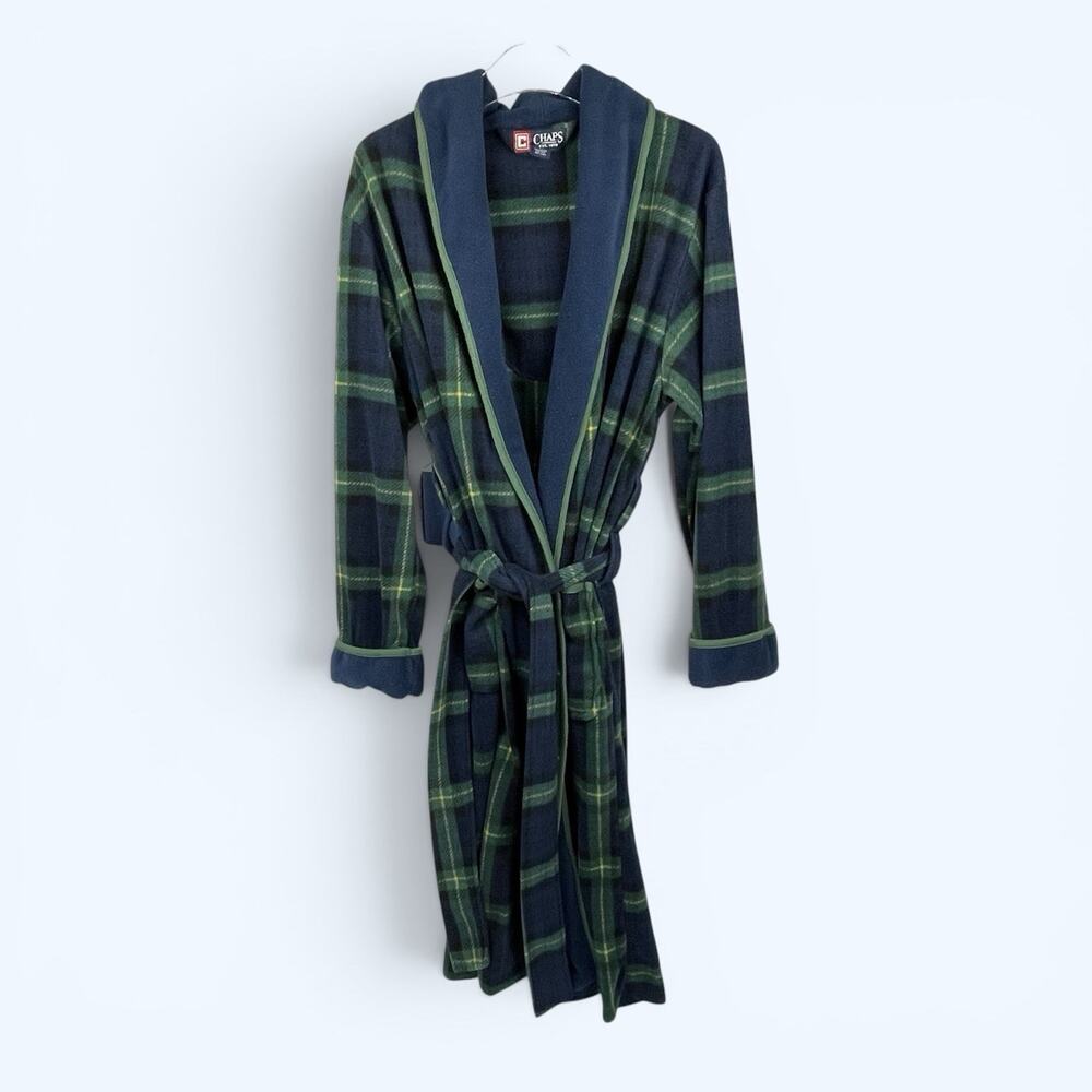 Chaps Black Watch Plaid Fleece Robe One Size Blue Green